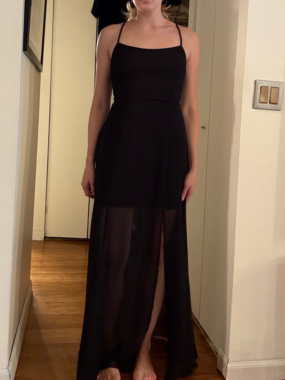 Black Sheer-Hem Spaghetti Strap Maxi Dress